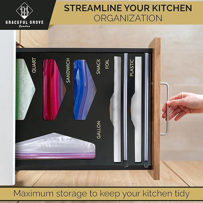 6-in-1 Bamboo Food Storage Bag Organizer for Drawer – Holds Gallon, Quart, Sandwich, Snack Bags & 12" Foil or Plastic Rolls - Plastic Bag Organizer with Wrap Dispenser & Built-In Cutter, Black