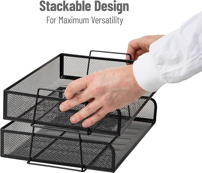 Mind Reader Stackable Paper Tray, Desktop Organizer, File Storage, Office, Metal Mesh, 13.25" L x 9.75" W x 6.25" H, 2 Pcs., Black (Pack of 8)