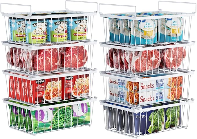iSPECLE Chest Freezer Organizer Bins - 8 Pack Stackable Freezer Organizer for 5 to 7 Cu.Ft Freezer and Upright Freezer Over 8.5 Cu.Ft, Easy Get Food from Bottom, Add Extra Storage Space, White