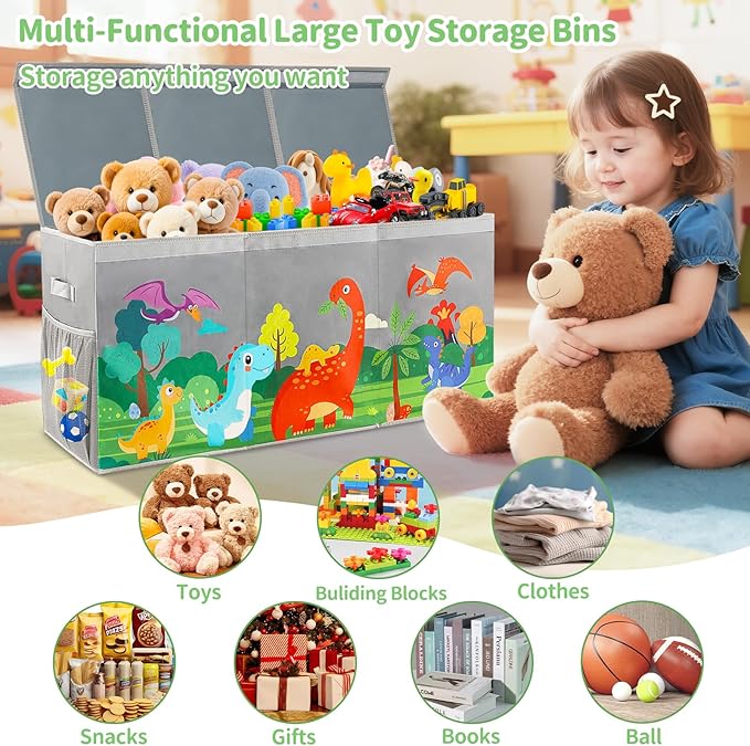 Extra Large Toy Box Chest with Lids, Collapsible Toy Storage Organizer for Kids, Dinosaur Toy Bin Box for Toddlers Boys Girls, Toy Organizer for Living Room Nursery Playroom Bedroom Home Grey