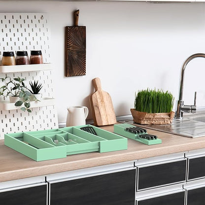 Bamboo Kitchen Drawer Organizer, Expandable Silverware Organizer with Removable Knife Block, 6-8 Slots- Utensil Holder & Cutlery Tray Drawer Dividers, 2.36" Deep for Extra Capacity, Cyan