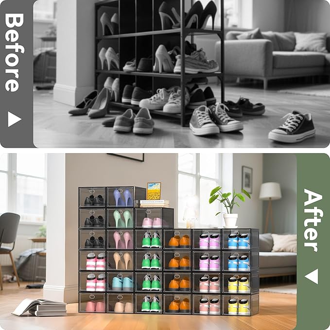 ALCCB Thicken Hard Clear Shoe Storage Organizer for Closet, 12 Pack Modular Plastic Stackable Shoe Storage Box Organizer, Shoe Sneaker Rack Display Case Containers Bins with Lids, Grey