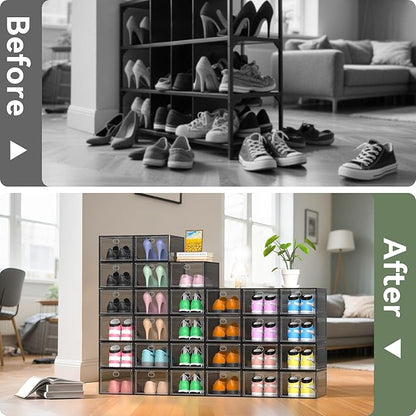 ALCCB Thicken Hard Clear Shoe Storage Organizer for Closet, 12 Pack Modular Plastic Stackable Shoe Storage Box Organizer, Shoe Sneaker Rack Display Case Containers Bins with Lids, Grey
