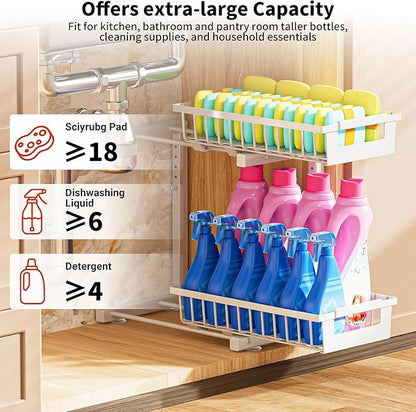 Under Sink Organizer 2 Pack, 2 Tier Adjustable Height Reinforced Carbon Steel Under Kitchen Bathroom Sink Storage Organizer, Smooth Pull-Out Under Sink Cabinet Rack Drawer Organizer, White