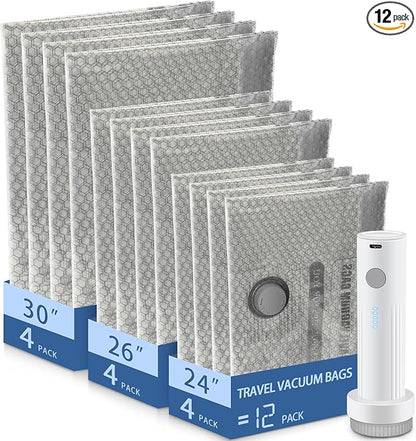 SORON 12 Pack Vacuum Seal Bags for Clothing Travel, Travel Vacuum Storage Bags with Rechargeable air Pump, Carry-on Size Compression for Luggage and Suitcases, Space Saver for Clothes