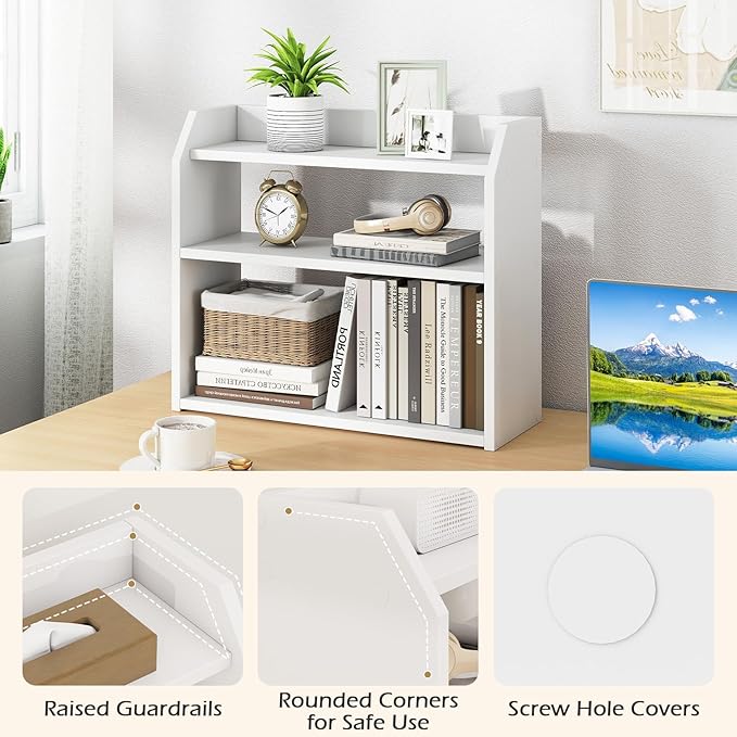 Giantex 3-Tier Desktop Bookshelf, Small Wood Countertop Organizer with Raised Guardrails, Space-Saving Desk Display Hutch, Modern Tabletop Shelf for Study Room, Office and Dorm, White (1)