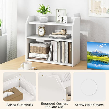 Giantex 3-Tier Desktop Bookshelf, Small Wood Countertop Organizer with Raised Guardrails, Space-Saving Desk Display Hutch, Modern Tabletop Shelf for Study Room, Office and Dorm, White (1)