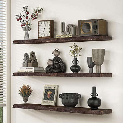 Fun Memories Floating Shelves for Wall Set of 2, Rustic Solid Elm Wood Wall Shelves 24 Inch - Invisible Bracket Mount for Living Room, Bathroom, Bedroom, Kitchen, Natural