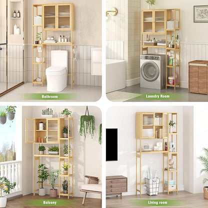 Wisuce Essentials Over The Toilet Storage Cabinet Above Toilet Bathroom Organizer with Toilet Paper Holder Stand Bath Organizer with Adjustable Shelves & Acrylic Doors,Anti-Tip Device (Nature)