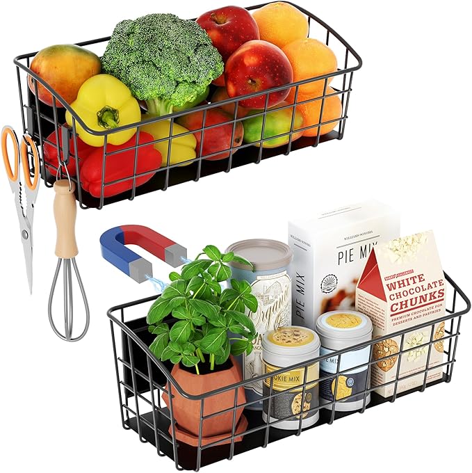 Magnetic Shelf for Refrigerator 2-Pack, Strong Magnetic Spice Rack with Removable Hooks for Kitchen Storage, Fruit Potato Onion Storage Shelves, Large Magnetic Basket Organizer for Fridge Oven Laundry