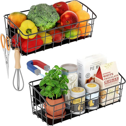 Magnetic Shelf for Refrigerator 2-Pack, Strong Magnetic Spice Rack with Removable Hooks for Kitchen Storage, Fruit Potato Onion Storage Shelves, Large Magnetic Basket Organizer for Fridge Oven Laundry
