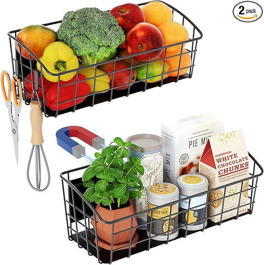 2Pcs Magnetic Shelf for Refrigerator, Versatile Magnetic Basket Fridge with 2 Hooks for Kitchen Storage, Fruit Potato Onion Storage Shelves, Large Magnetic Spice Rack Organizer for Fridge Oven Laundry