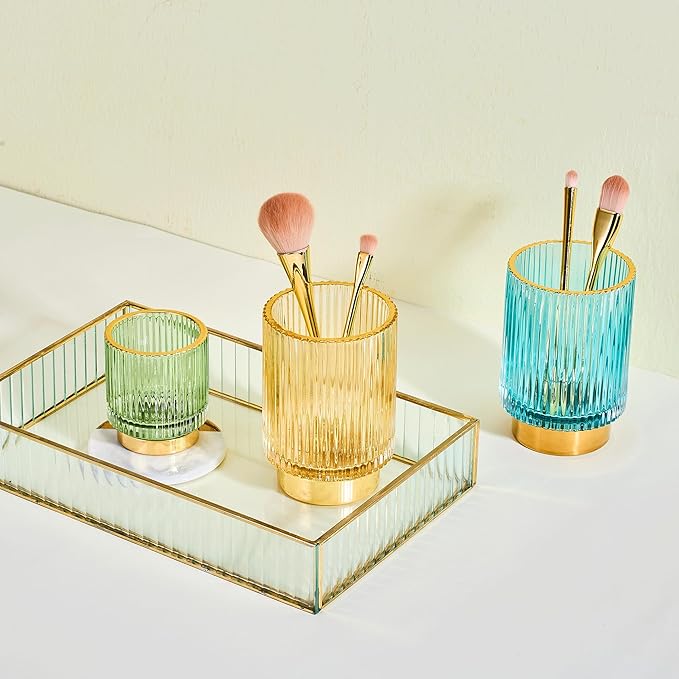 LEICURACE Makeup Brush Organizer, Toothbrush Holder, Desk Pen Pencil Holder, Multifunctional Vintage Glass Brush Cup (S/Green/A3-11-US)