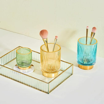 LEICURACE Makeup Brush Organizer, Toothbrush Holder, Desk Pen Pencil Holder, Multifunctional Vintage Glass Brush Cup (S/Green/A3-11-US)