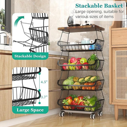 Fruit Basket with Wooden Lid for Kitchen, 5-Tier Stackable Wire Fruit Vegetable Storage Basket Organizer Stand on Wheel, Produce Basket Potato Onion Storage Bins Rack Cart for Pantry