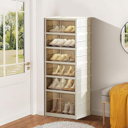 ELPHECO 6 Tier 12 Pairs Foldable Shoe Rack Shoe Organizer with Magnetic Doors, Entryway Folding Shoe Shelf, Easy Assembly Sneaker Cabinet, Plastic Shoe Storage Container Bins