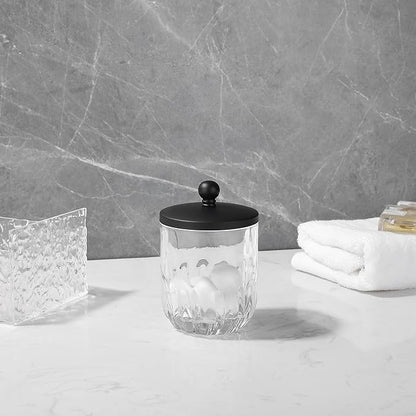 Indecor Home Glass Jar with Metal Lid for Bathroom Organization, Clear Apothecary Jar for Cotton Balls, Q Tips, and Small Accessories, Stylish Bathroom Storage Container Black