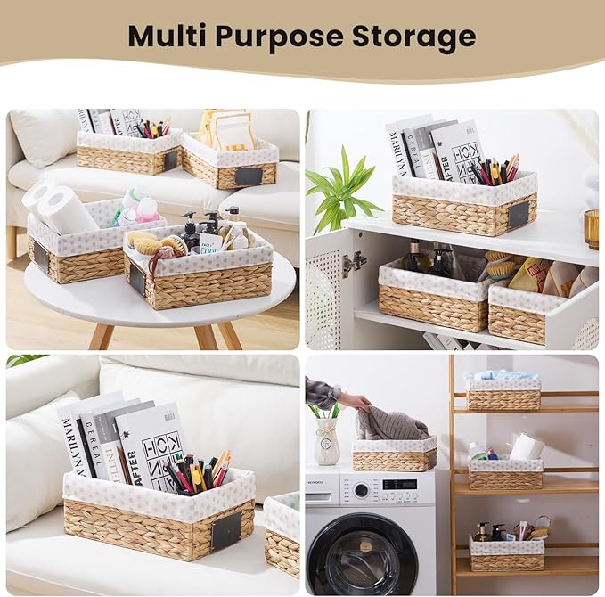 rectangular hyacinth wicker baskets with liners for storage, kitchen, laundry 12x9x5 iNCHES (Natural, 12x9x5 Inches)