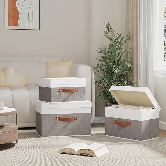 1 Pack Storage Bin with Lid, Collapsible Box, 15 x 9.8 x 9.8 Inch Storage Basket with Double Handles for Bedroom, White and Grey