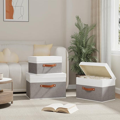 1 Pack Storage Bin with Lid, Collapsible Box, 15 x 9.8 x 9.8 Inch Storage Basket with Double Handles for Bedroom, White and Grey