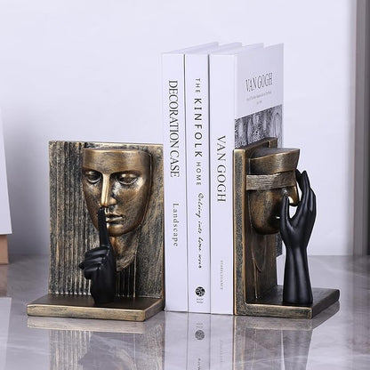 Decorative Bookends Set – Vintage Gold Face Sculptures & Modern Black & White – Resin Book Ends for Shelves, Heavy Book Stoppers, Brass-Look Bookends, Decorative for Home Office (Vintage)