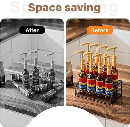 Coffee Syrup Organizer Rack, Liquor Bottle Display Shelf, 2 Tier 8 Syrup Bottles Holder Stand for Coffee Bar Kitchen Small Wine Rack for Family Storage for Syrup Wine Dressing