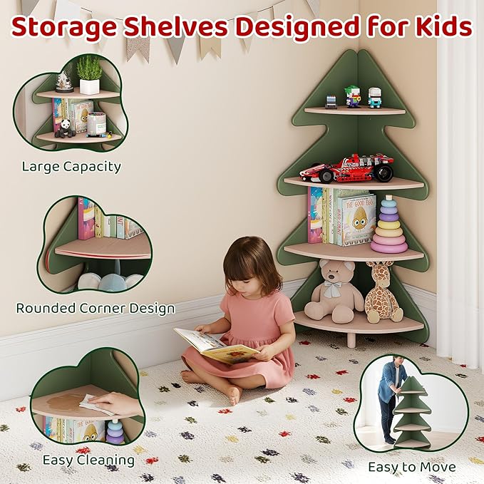 Tree Bookshelf for Kids, 4-Tier Montessori Corner Bookcase, Space-Saving Freestanding Storage Organizer for Books & Toys, Suitable for Kids Room, Playroom, Classroom, Nursery