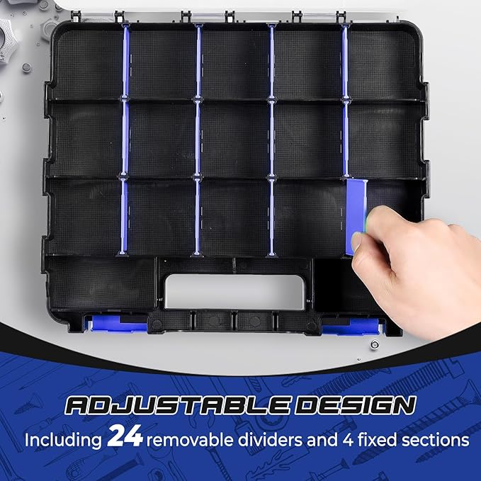 NATGAI 2 Pack Small Parts Organizers, 34-Compartments Double-Sided Tool Box with Removable Dividers for Hardware, Screws, Bolts, Nails & Fishing Accessories, Durable Plastic Storage Case (Blue)