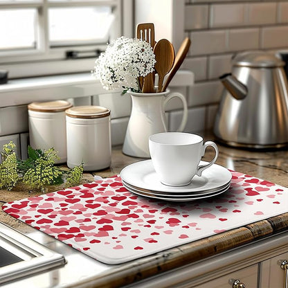 Wnoesat Valentines Dish Drying Mat Pink Red Love Hearts Valentine Drying Mats for Kitchen Counter Absorbent Microfiber Reversible Dish Draining Mat Extra Large Dishes Pad 18 X 24 Inch