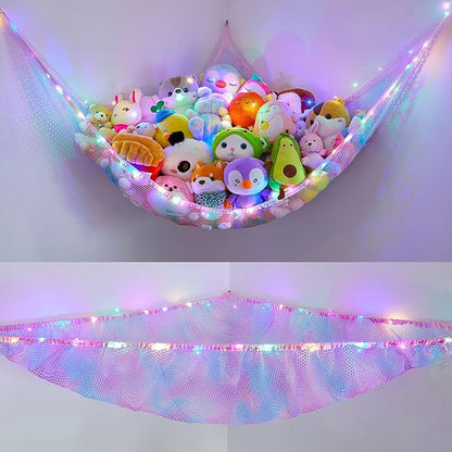 Unicorn Castle Stuffed Animals Net or Hammock Kids Toy Storage Organizer with LED Light Hanging Corner Stuffed Animals Holder Kids Girls Room Decor,Blue-Purple,Large (Pack of 1)