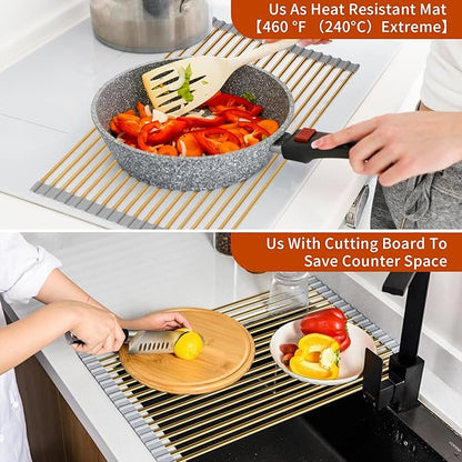 HAYAWEY Golden Roll-UP Dish Drying Rack-Large Stainless Steel Dish Drainer Over The Sink for Kitchen Countertop, Applicable for Sink Width Less Than 16.5in (Gold,17.8'x 15.7')