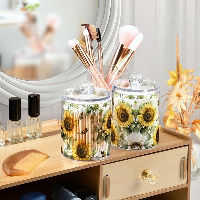 MNSRUU 2 Pack Qtip Holder Organizer Dispenser Flower Sunflower Bee Bathroom Storage Canister Cotton Ball Holder Bathroom Containers for Cotton Swabs/Pads/Floss