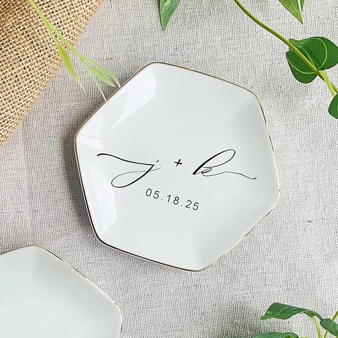 LullabyMall Custom Engagement Ring Holder Ring Dish, Custom Wedding Gifts for Couple, Bridal Shower Couple Jewelry Tray, Monogrammed Engagement Wedding Gifts for Bride 2