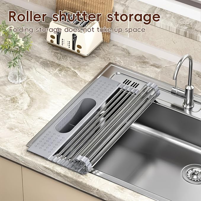 Roll Up Dish Drying Rack Over Sink, 17.5" x 15.2" Foldable SUS304 Stainless Steel Kitchen Dish Drainer, Heat-Resistant Multipurpose Rolling Sink Rack Organizer,Grey