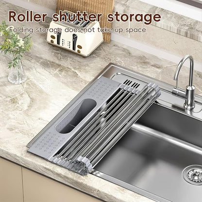 Roll Up Dish Drying Rack Over Sink, 17.5" x 15.2" Foldable SUS304 Stainless Steel Kitchen Dish Drainer, Heat-Resistant Multipurpose Rolling Sink Rack Organizer,Grey