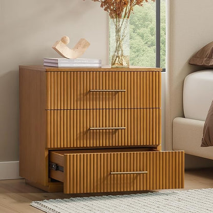 HULALA HOME 26" Fluted Nightstand with 3 Drawers, Modern Solid Wood Night Stand with Charging Station, Bed Side Table with Large Storage, End Table Tall Nightstand, Easy Assembly, Teak