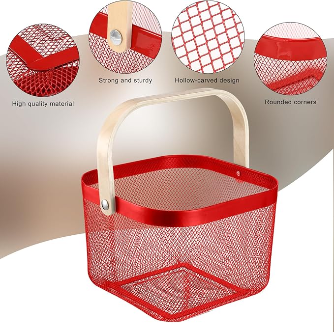 Roshtia 6 Pcs Metal Mesh Steel Basket with Handle, Rustic Square Wire Harvest, Shopping Baskets for Retail Store Garden Bathroom Kitchen(9.65 x 9.65 x 7.09 Inch,Red)