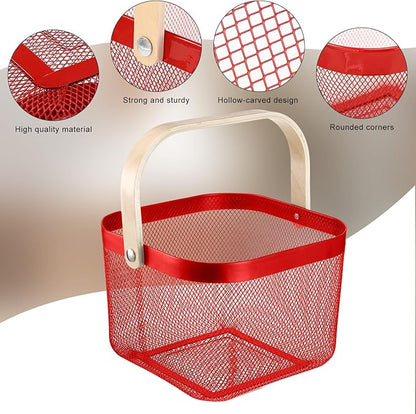 Roshtia 6 Pcs Metal Mesh Steel Basket with Handle, Rustic Square Wire Harvest, Shopping Baskets for Retail Store Garden Bathroom Kitchen(9.65 x 9.65 x 7.09 Inch,Red)
