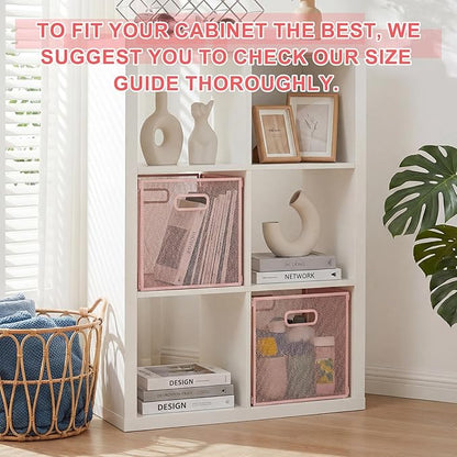 2 Pcs Foldable Metal Cube Storage Baskets 13" x 13" Pink Kitchen Wire Baskets Stackable Mesh Laundry Organizer Bin with Handles for Shelves Kitchen Pantry Cabinets Closet Food