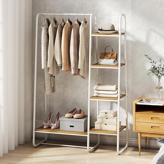 COSTWAY Clothes Rack with Shelves, Heavy Duty Garment Rack with Hanging Rod, 5-tier Shelves, Adjustable Foot Pads, Closet Organizer, Freestanding Wardrobe Clothing Racks for Hanging Clothes (White)