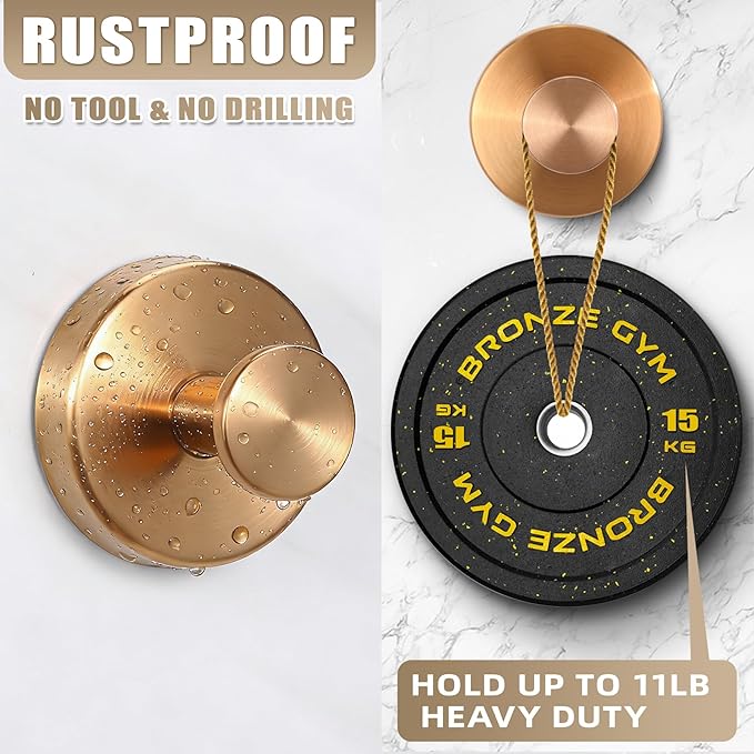 Fenas Suction Cup Hooks for Shower No-Drill Bathroom Hooks for Towels, Robes, Loofah Mountable on Bathroom Walls, Kitchen, Glass, Mirrors, Tile and Smooth,Non-Porous Surfaces (2, Champagne Bronze)