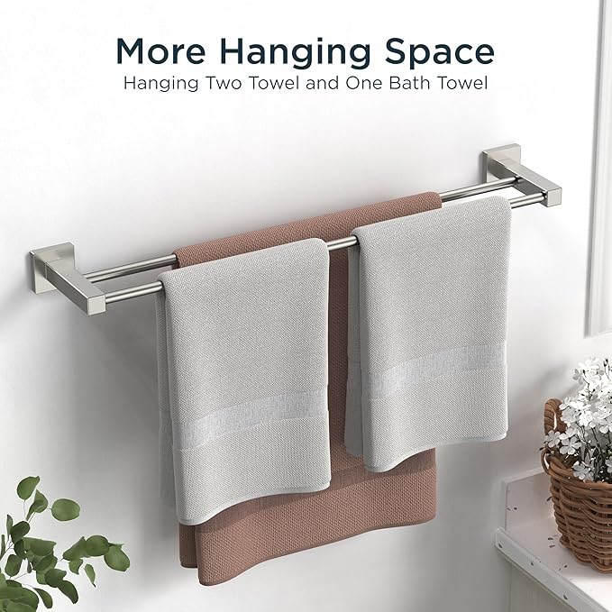 FORIOUS 24 Inch Double Towel Bar, Double Towel Racks for Bathroom Brushed Nickel, Heavy Duty SUS304 Stainless Steel Dual Towel Rail Wall Mount, Brushed Nickel