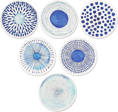 AD Set of 6 Coasters for Drinks Absorbing Round Ceramic Stone Coaster with Cork Base,Tabletop Protection Mat for Mugs and Cups,Office,Kitchen (Blue Watercolor with Holder)