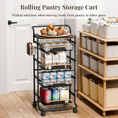 5-Tier Kitchen Organizer and Storage Cart, with Pull-Out Baskets and Wood Top, Rolling Pantry Kitchen Cart, for Fruit Potato Onion Vegetable Snack Produce, Black