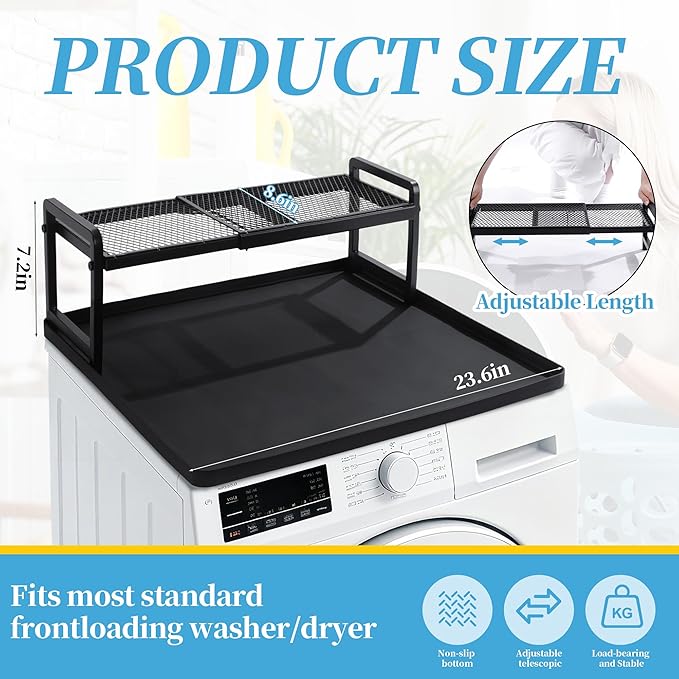 BALAPET Washer Dryer Countertop with Adjustable Shelf, Expandable Washer and Dryer Countertop with Non-Slip Mat, Universal Fit Large Space Laundry Room Organization(23.6x8.6x7in)