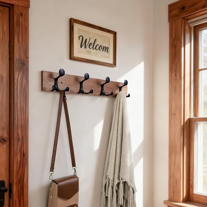 SKOLOO 24-Inch Wood Coat Rack Wall Mount with 4 Triple Hooks - Ideal for Family Entrances, Classrooms, and Pet Supplies Storage - Perfect Coat Hooks for Wall,Mahogany (Sapele), Pack of 2