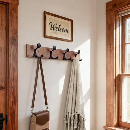 SKOLOO 24-Inch Wood Coat Rack Wall Mount with 4 Triple Hooks - Ideal for Family Entrances, Classrooms, and Pet Supplies Storage - Perfect Coat Hooks for Wall,Mahogany (Sapele), Pack of 2