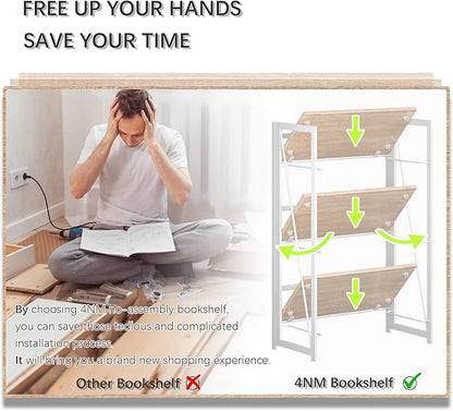 4NM No Assembly 3 Tiers Collapsible Book Shelves, Folding Bookshelf Bookcase Open Industrial Foldable Shelves for Bedroom, Living Room, Home Office - Natural White