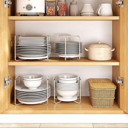 Dish Rack for Kitchen Countertop Organizer - Bamboo Plate Organizer for Cabinet Space Saver, Adjustable Stainless Steel 304 Plate and Bowl Holder with Portable Handle for Drawer Cupboard Shelf RV