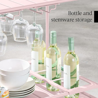 Best Choice Products Rolling Bar Cart, Mobile Home Bar Serving Cart, Serving Station w/ 2 Tier Shelves, Wine Rack, Lockable Wheels - Pink